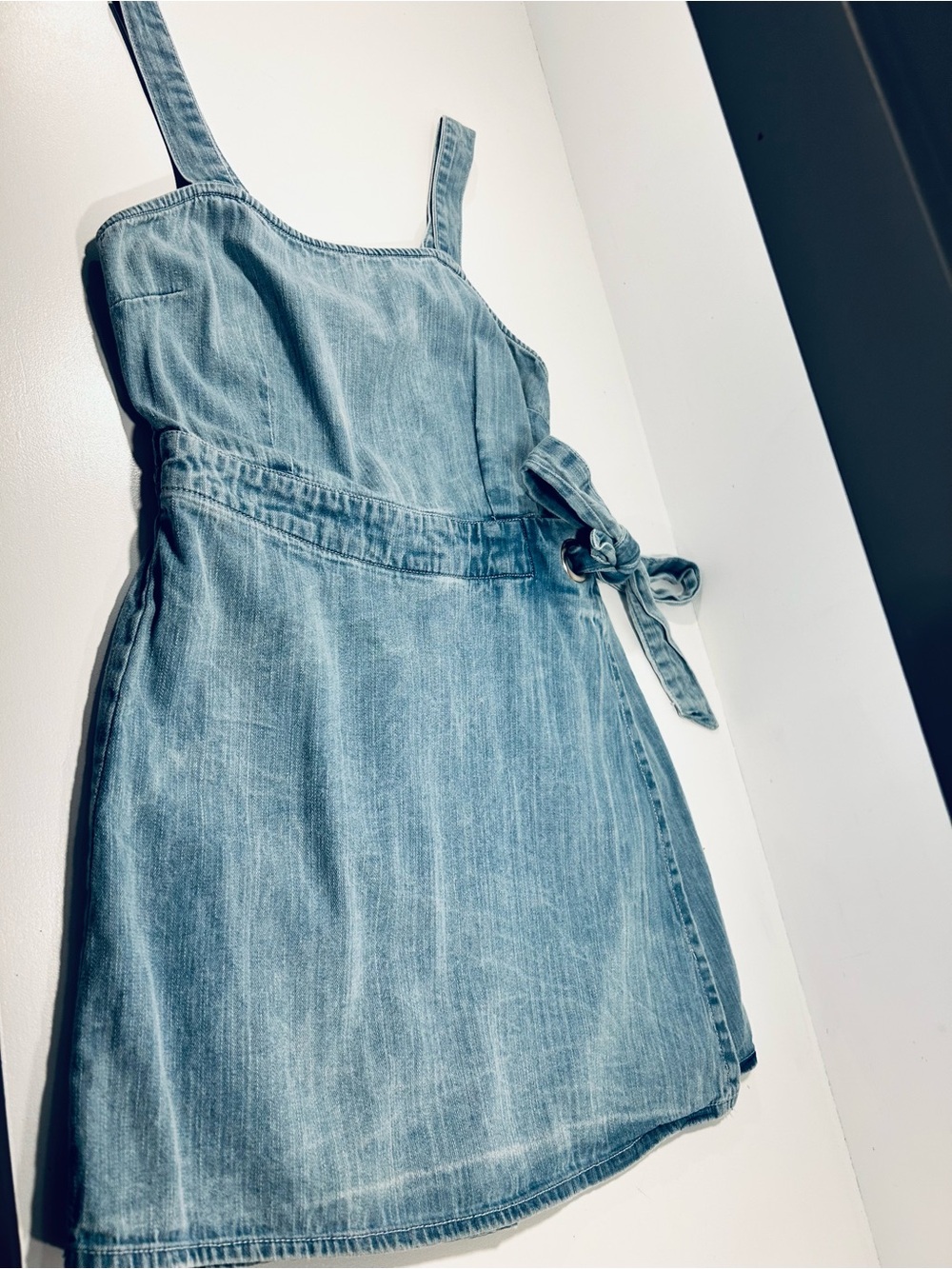Sincerely Jules Denim Wrap Romper Dress Medium Light Wash Tie Waist Smocked Back